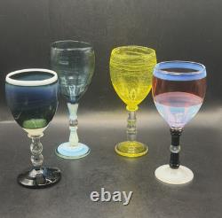 VTG RARE One of a Kind Set of 4 Hand Blown Art Glass Wine Glasses Goblets Glows