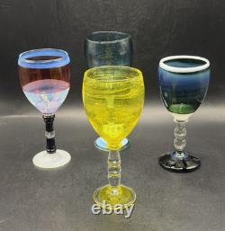 VTG RARE One of a Kind Set of 4 Hand Blown Art Glass Wine Glasses Goblets Glows