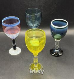VTG RARE One of a Kind Set of 4 Hand Blown Art Glass Wine Glasses Goblets Glows