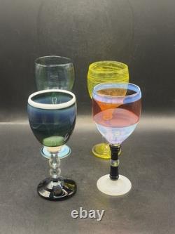 VTG RARE One of a Kind Set of 4 Hand Blown Art Glass Wine Glasses Goblets Glows