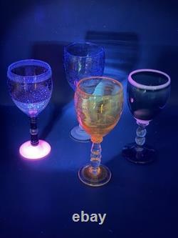 VTG RARE One of a Kind Set of 4 Hand Blown Art Glass Wine Glasses Goblets Glows