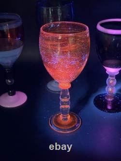 VTG RARE One of a Kind Set of 4 Hand Blown Art Glass Wine Glasses Goblets Glows