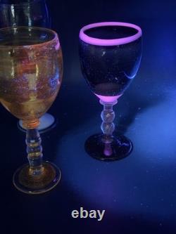 VTG RARE One of a Kind Set of 4 Hand Blown Art Glass Wine Glasses Goblets Glows