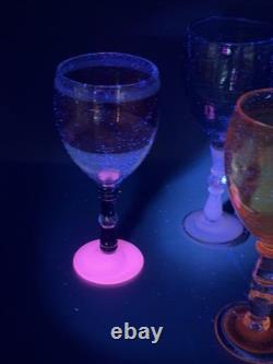 VTG RARE One of a Kind Set of 4 Hand Blown Art Glass Wine Glasses Goblets Glows