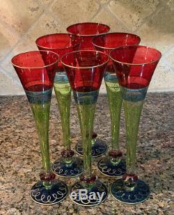 VTG Royal Danube Red Flutes Blue Gold Accent, Crystal Champagne & wine glass