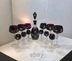 VTG Ruby Cut To Clear Crystal Decanter Wine Cordial Glass Set Bohemian Style MCM