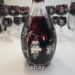 VTG Ruby Cut To Clear Crystal Decanter Wine Cordial Glass Set Bohemian Style MCM