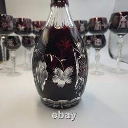 VTG Ruby Cut To Clear Crystal Decanter Wine Cordial Glass Set Bohemian Style MCM