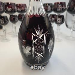 VTG Ruby Cut To Clear Crystal Decanter Wine Cordial Glass Set Bohemian Style MCM