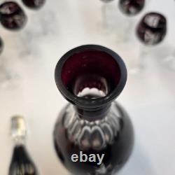 VTG Ruby Cut To Clear Crystal Decanter Wine Cordial Glass Set Bohemian Style MCM