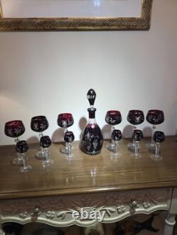 VTG Ruby Cut To Clear Crystal Decanter Wine Cordial Glass Set Bohemian Style MCM