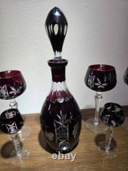 VTG Ruby Cut To Clear Crystal Decanter Wine Cordial Glass Set Bohemian Style MCM