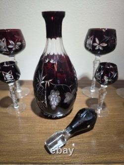 VTG Ruby Cut To Clear Crystal Decanter Wine Cordial Glass Set Bohemian Style MCM