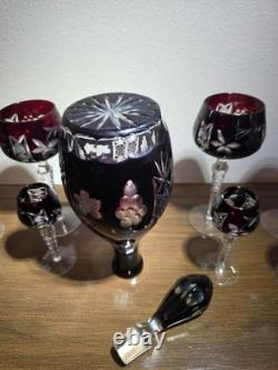 VTG Ruby Cut To Clear Crystal Decanter Wine Cordial Glass Set Bohemian Style MCM