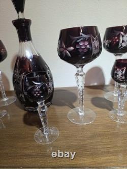 VTG Ruby Cut To Clear Crystal Decanter Wine Cordial Glass Set Bohemian Style MCM