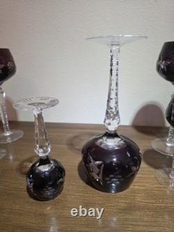 VTG Ruby Cut To Clear Crystal Decanter Wine Cordial Glass Set Bohemian Style MCM