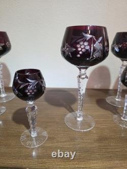 VTG Ruby Cut To Clear Crystal Decanter Wine Cordial Glass Set Bohemian Style MCM
