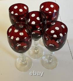 VTG Ruby Red Cut Crystal Wine Glasses Clear Bubble Stems Dots 8 Set of 5 MINT