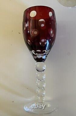 VTG Ruby Red Cut Crystal Wine Glasses Clear Bubble Stems Dots 8 Set of 5 MINT