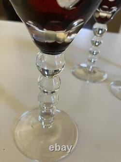 VTG Ruby Red Cut Crystal Wine Glasses Clear Bubble Stems Dots 8 Set of 5 MINT