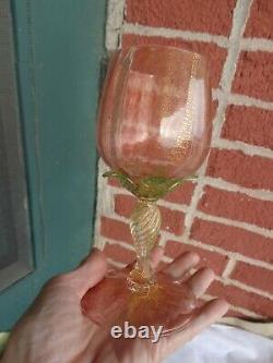 VTG SALVIATI MURANO VENETIAN ART GLASS 1920s PINK GOLD PALM TREE WINE STEM SET
