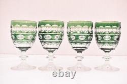VTG SET 4 BOHEMIAN CZECH CUT TO CLEAR CRYSTAL Wine GLASSES Goblets Emerald Green