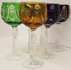 VTG SET SIX COLORED BOHEMIAN CZECH WINE GLASS/GOBLETSCUT TO CLEAR2 With1 CHIP EA