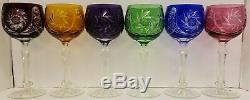VTG SET SIX COLORED BOHEMIAN CZECH WINE GLASS/GOBLETSCUT TO CLEAR2 With1 CHIP EA