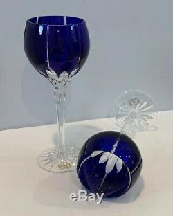 VTG Set of 2 Ajka Crystal Albinka Wine Hock Glasses Cobalt Blue Cut Clear 8-1/8