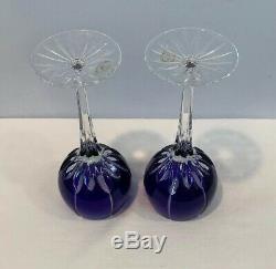 VTG Set of 2 Ajka Crystal Albinka Wine Hock Glasses Cobalt Blue Cut Clear 8-1/8