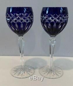 VTG Set of 2 Ajka Crystal Cadessia 8-1/2 Wine Hock Glasses Cobalt Blue & Clear