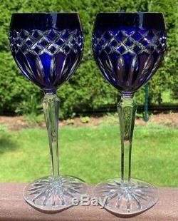 VTG Set of 2 Ajka Crystal Cadessia 8-1/2 Wine Hock Glasses Cobalt Blue & Clear