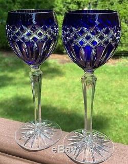 VTG Set of 2 Ajka Crystal Cadessia 8-1/2 Wine Hock Glasses Cobalt Blue & Clear