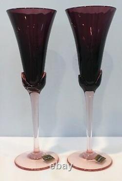 VTG Set of 2 Amethyst Crystal Mikasa Blossom Plum Champagne Flutes Belgium NOS