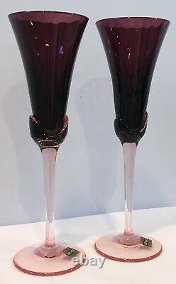 VTG Set of 2 Amethyst Crystal Mikasa Blossom Plum Champagne Flutes Belgium NOS