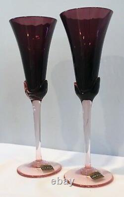 VTG Set of 2 Amethyst Crystal Mikasa Blossom Plum Champagne Flutes Belgium NOS