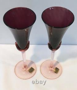 VTG Set of 2 Amethyst Crystal Mikasa Blossom Plum Champagne Flutes Belgium NOS