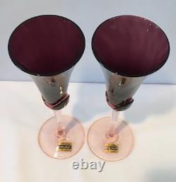 VTG Set of 2 Amethyst Crystal Mikasa Blossom Plum Champagne Flutes Belgium NOS