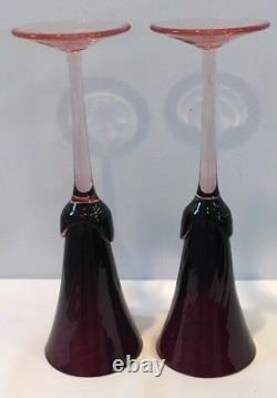 VTG Set of 2 Amethyst Crystal Mikasa Blossom Plum Champagne Flutes Belgium NOS