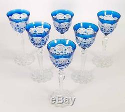 Val Saint Lambert Cobalt Blue Cut Set of 6 Crystal Wine Glasses Goblet