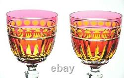 Val St Lambert Cranberry Yellow Cut to Clear Triple Color Wine Goblets Vintage