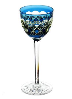 Val St Lambert Wine Glass Goblet Blue & Vaseline Cut to Clear Vintage