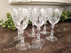 Vintage 1930's Fostoria Meadow Rose Etched Crystal Claret Wine Glasses Set 6