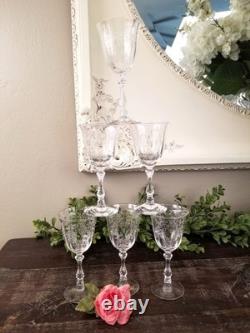 Vintage 1930's Fostoria Meadow Rose Etched Crystal Claret Wine Glasses Set 6