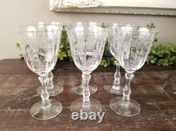 Vintage 1930's Fostoria Meadow Rose Etched Crystal Claret Wine Glasses Set 6