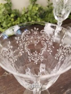 Vintage 1930's Fostoria Meadow Rose Etched Crystal Claret Wine Glasses Set 6