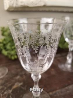 Vintage 1930's Fostoria Meadow Rose Etched Crystal Claret Wine Glasses Set 6