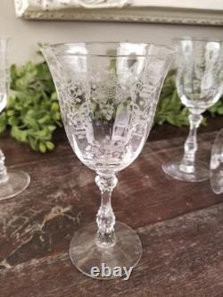 Vintage 1930's Fostoria Meadow Rose Etched Crystal Claret Wine Glasses Set 6