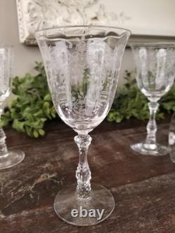 Vintage 1930's Fostoria Meadow Rose Etched Crystal Claret Wine Glasses Set 6