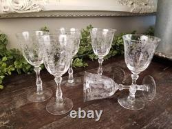 Vintage 1930's Fostoria Meadow Rose Etched Crystal Claret Wine Glasses Set 6